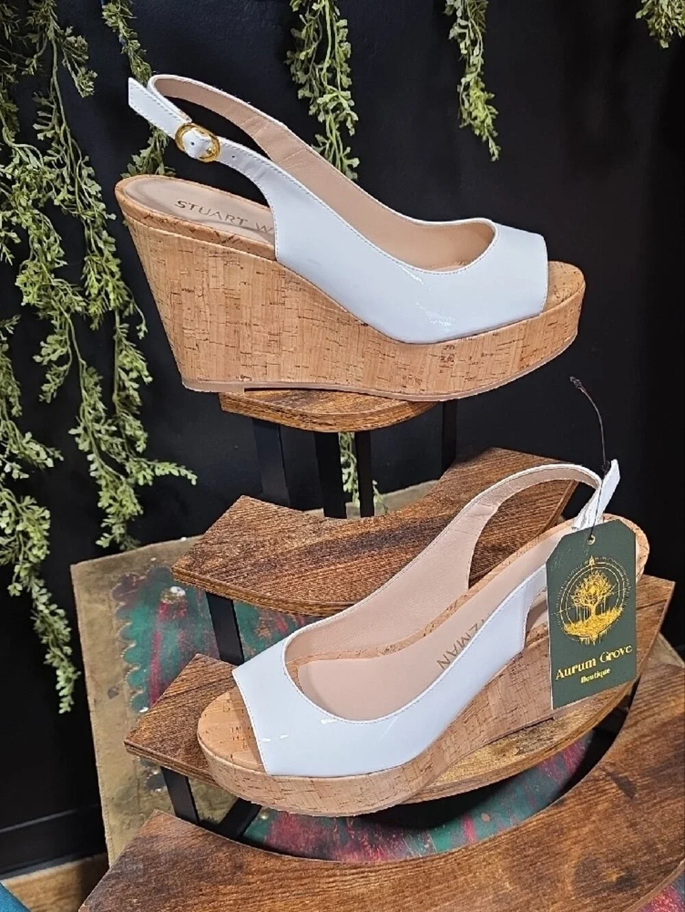 Stuart Weitzman White Cork Wedge Slingback Sandals